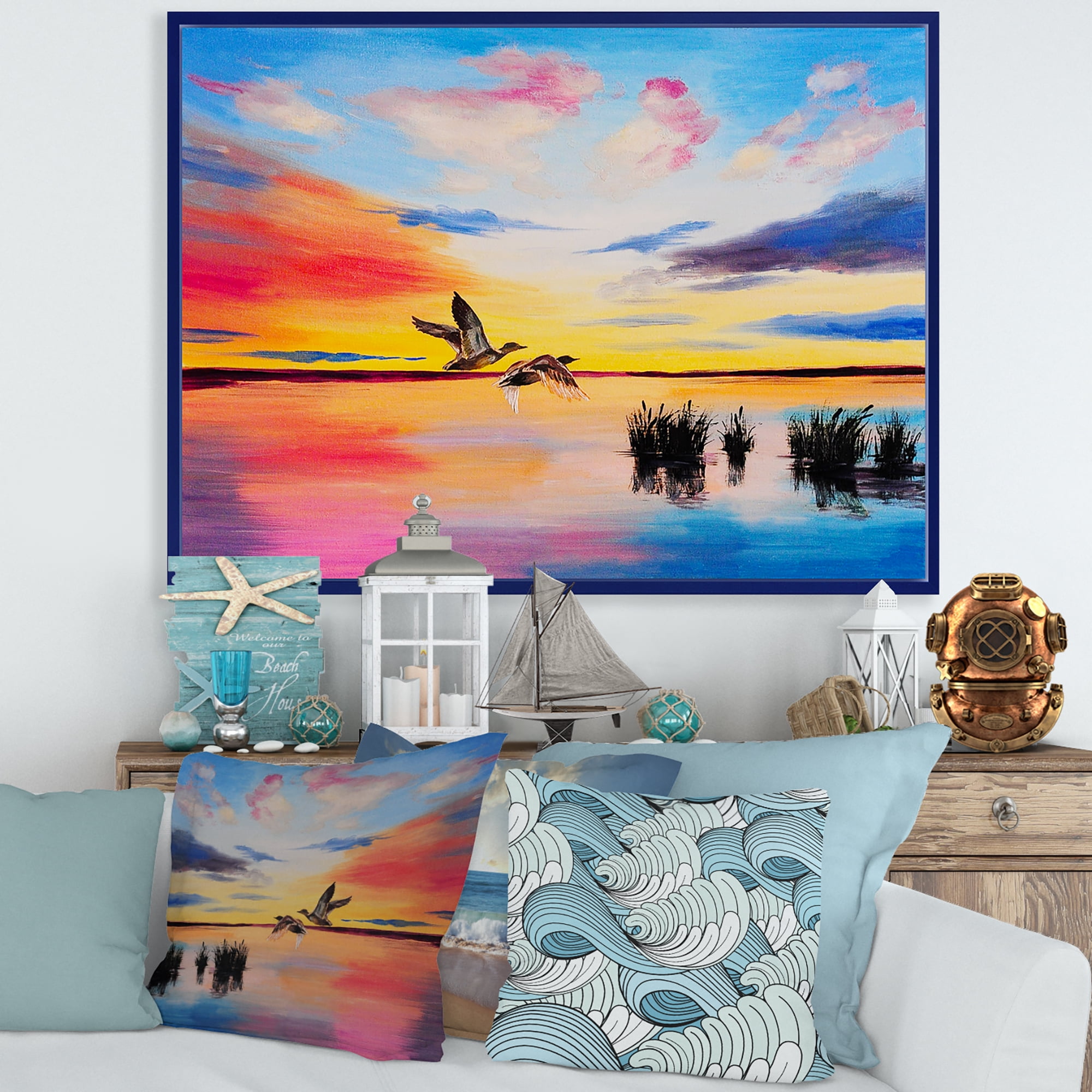 Crane Birds Flying During Colorful Sunset 40 in x 30 in Framed Painting Canvas Art Print, by Designart