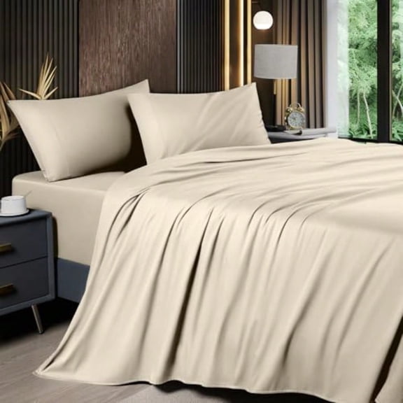 4 Piece King Sheet Sets Cooling Sheets Blend Rayon Derived from Bamboo Deep Pocket Up to 16 Breathable Soft Bed Sheets Hotel Silky Bedding Set Sand