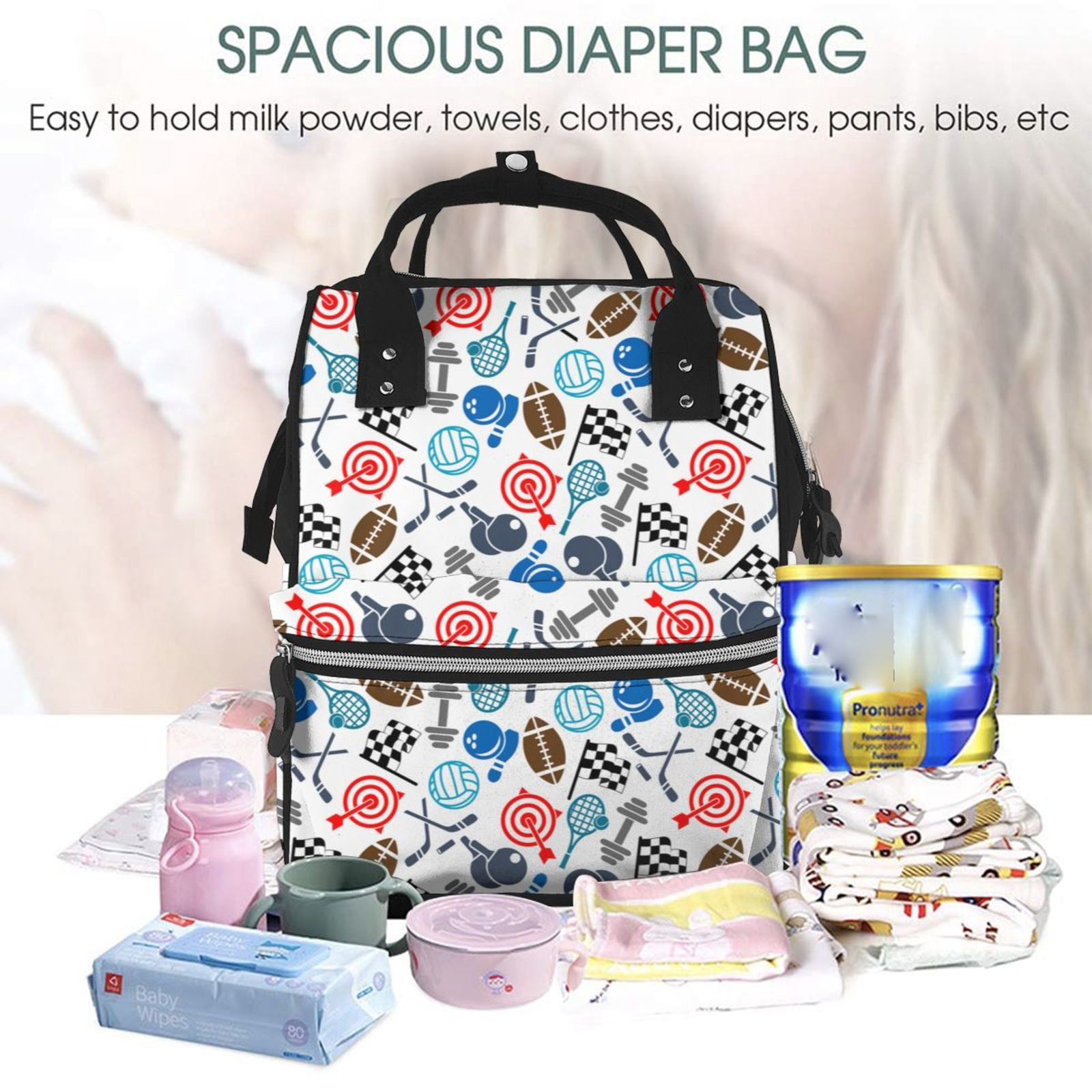 Fuzoiu Sport Items Print Diaper Bag Backpack,Baby Essentials Travel Tote,Multi function Waterproof Diaper Bag, Travel Essentials Baby Bag - Unisex