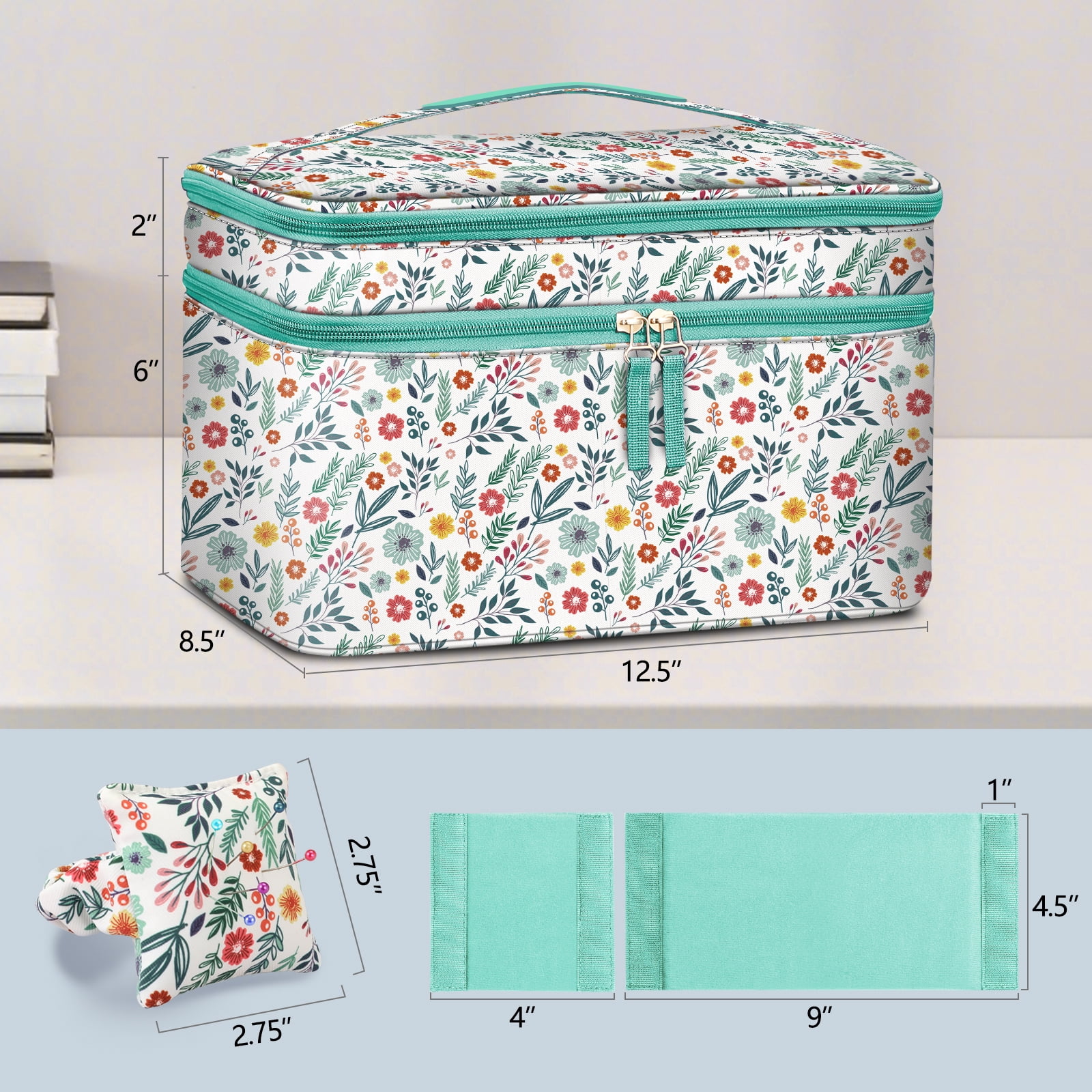FINPAC Sewing Accessories Storage and Organizer Case, Double-Layer Sewing Kits Carrying Bag with Wrist Pin Cushion for Threads, Needles, Embroidery Floss Supplies, Felting Kits，Spring Bloom