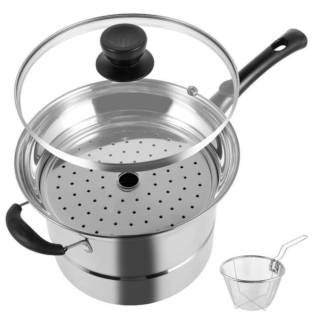Wekvgz 2Pcs Stainless Steel Pot with Visible Lid and Handle Multifunctional Steamer Pot with Deep Fry Basket Practical Pasta Pot with Steamer Rack for Cooking Gravies Silver
