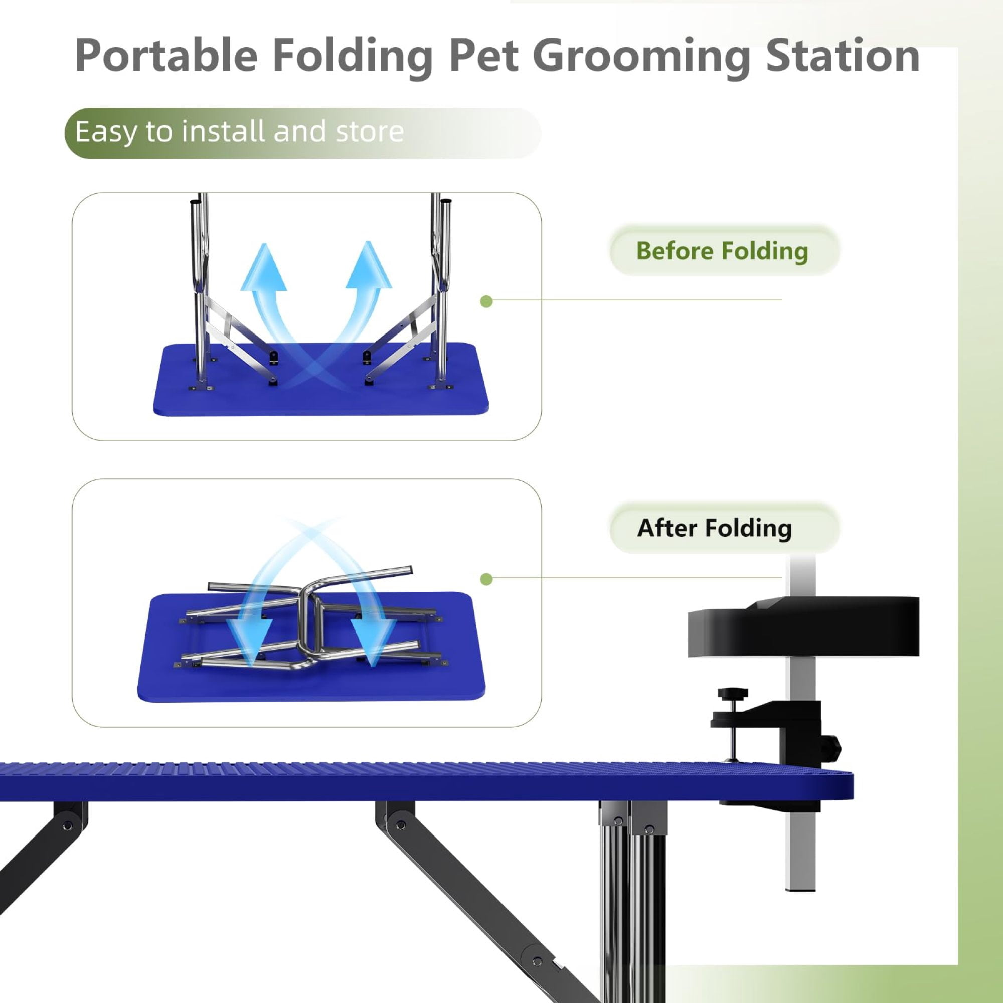 Leumius 47Inch Blue Pet Grooming Table, Stainless Steel Foldable Grooming Table for Dogs at Home Adjustable Height Arms Pet Station with Nooses, Mesh Tray, Tool Organizer