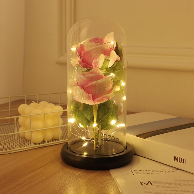 Lámpara LED con cubierta de cristal y rosa eterna, simulación de flor, regalo creativo de San Valentín Qixi