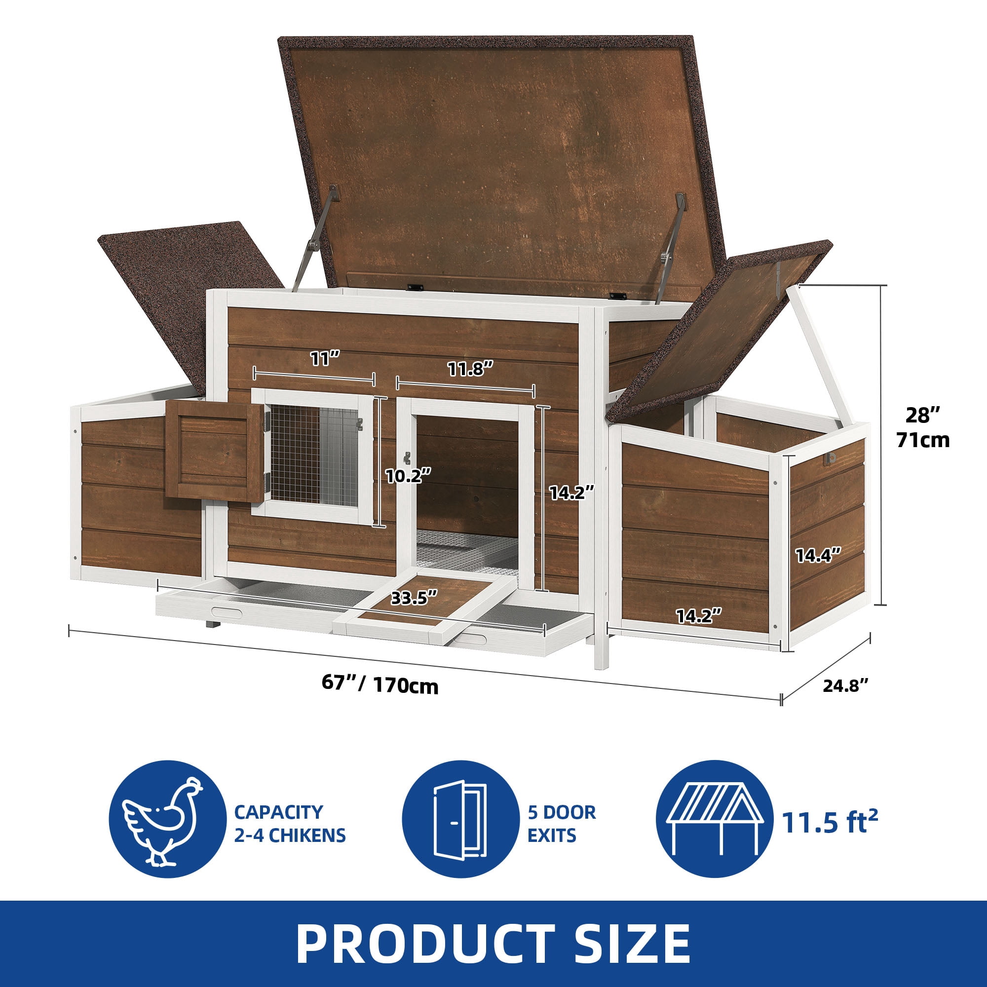 Uforic Large Wood Chicken Coop Hen House 2-4 Chickens with 2 Nesting Box, Outdoor Chicken Hutch Rabbit Hutch Duck Cage - Brown