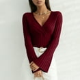 thumbnail image 2 of zaveiop Women's Long Sleeve Bodysuit Tops Wrap V Neck Ribbed Knit Jumpsuit (Wine, XS), 2 of 9