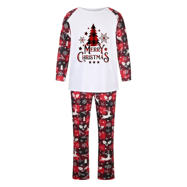 LSLJS Pyjamas de Noël Assortis pour la Famille, Tenues Parent-Enfant Costumes de Noël Patchwork à Carreaux Imprimés Vêtements de Maison Col Rond Manches Longues Pyjamas Ensemble Deux Pièces pour Maman pour les Fêtes Ensemble de Nuit de Noël