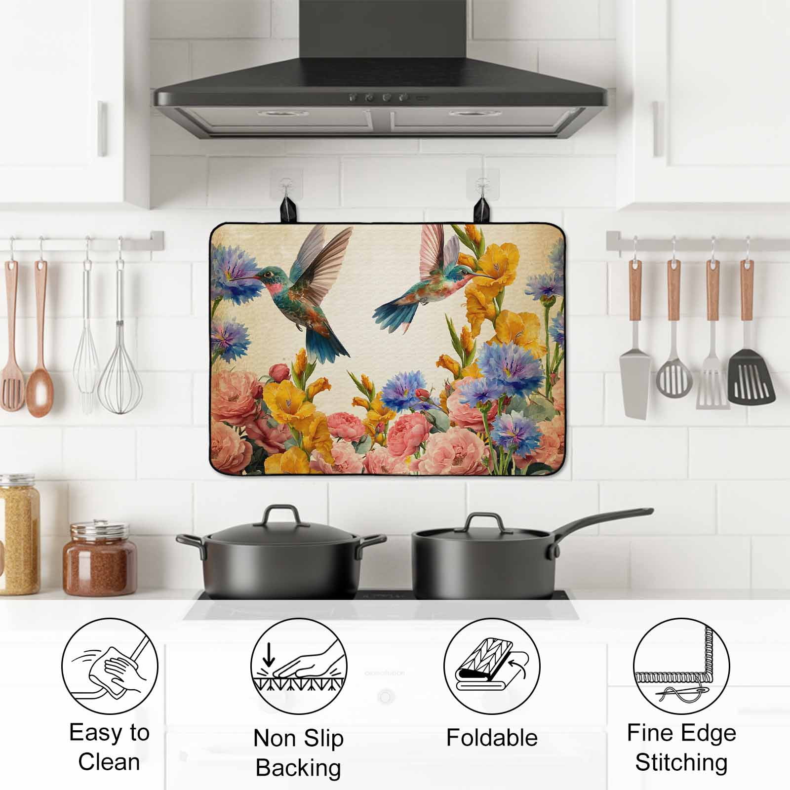 Vintage Hummingbirds Stove Top Cover for Electric Stove, Heat-proof & Non Slip Glass Top Stove Cover Protector, Spring Farmhouse Country Flowers Kitchen Flat Cooktop Rubber Mat 24x21 Inches