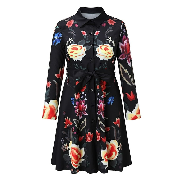 Women's Button Down Floral Dresses Collared Belted Shirt Dresses Long  Sleeve Blouse Tops Mini Dress with Belt - Walmart.com