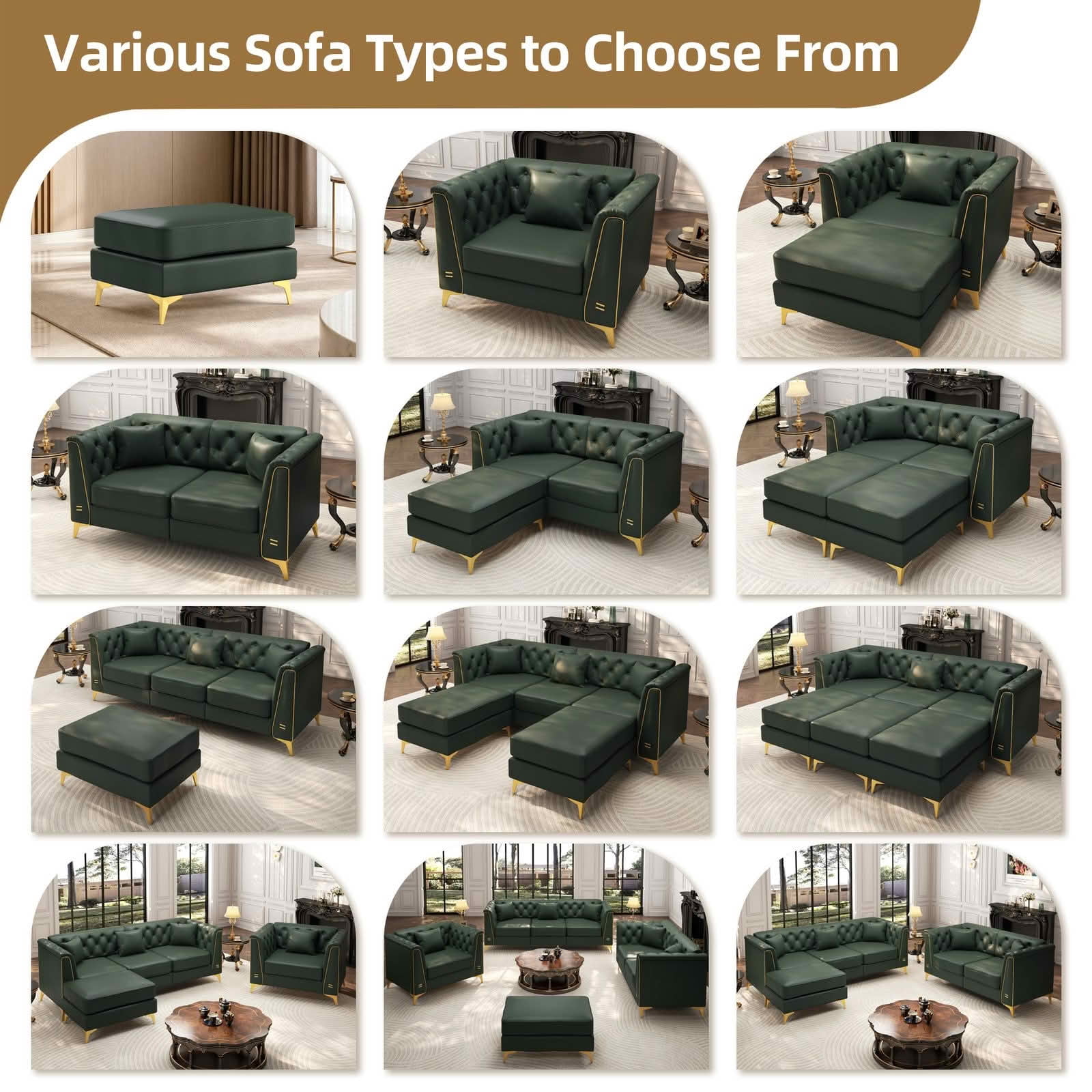 MAYEERTY Light Luxury Modular Chesterfield Sofa Combination, Faux‑Leather Sectional with Button Tufting, Metal‑Trim Armrest & Slim Metal Legs, 4 Pillows Included