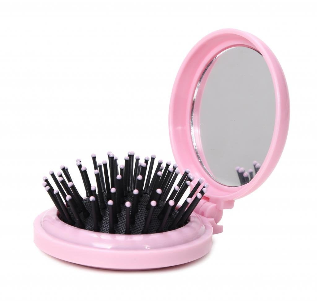 Mini Folding Hair Brush with Mirror, Compact Pop up Pocket Brush, Small