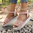 thumbnail image 4 of Women's Lightweight Crochet Lace Sandals, Adjustable Buckle Espadrille Wedge Heels, Open Toe Casual Summer Chunky Shoes for All-Day Comfort Pink 8.5, 4 of 9