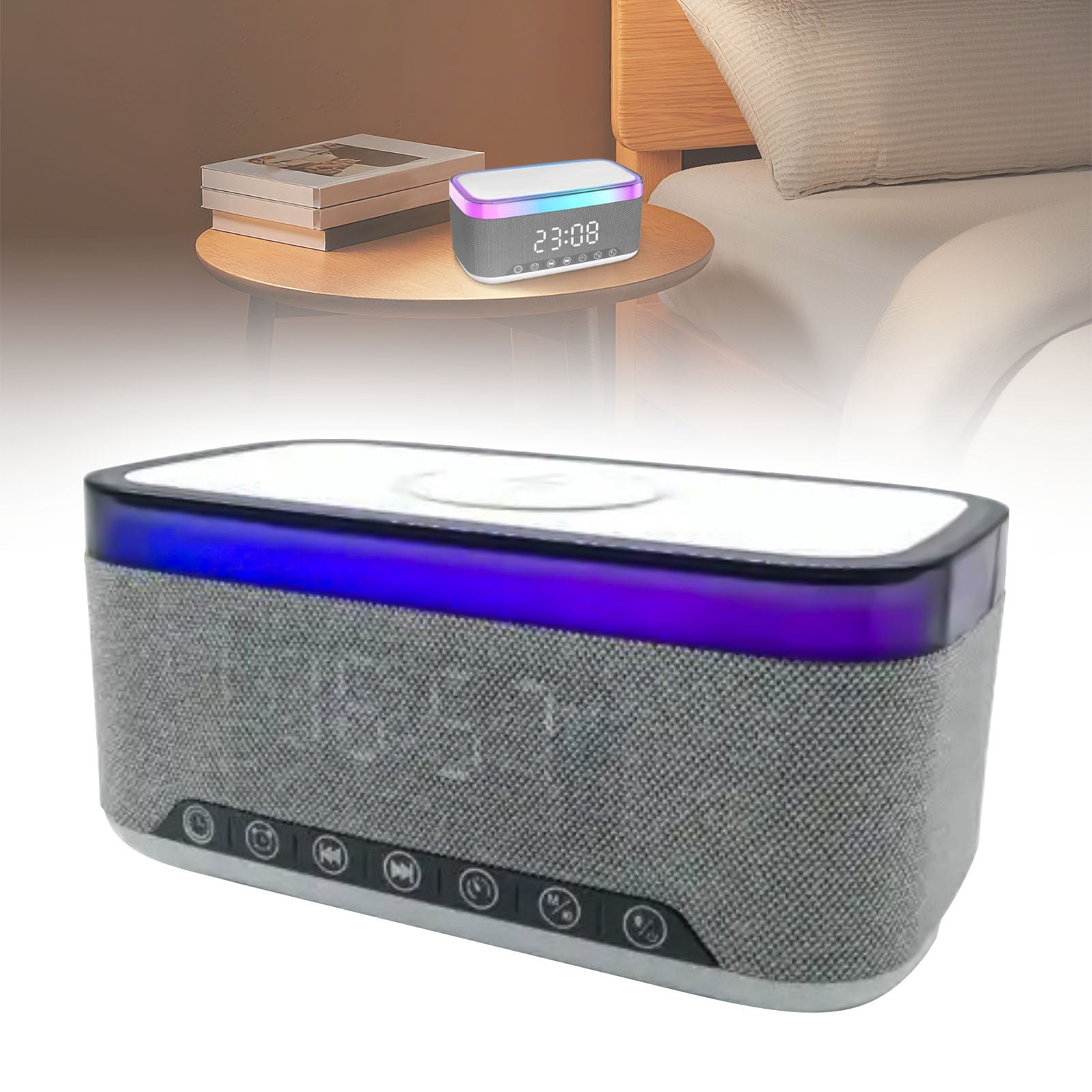 BinKFF Digital Alarm Clock White Noise Loud Digital Alarm Clocks Bedrooms Alarm Clock Speaker Wireless Charger AUX USB Bluetooth Speaker 12/24H Alarm Snooze Adjustable Brightness