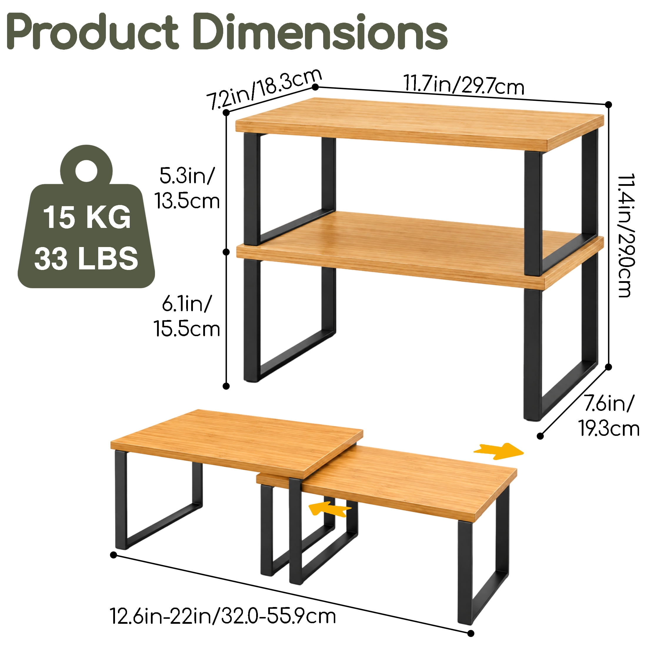 2 Pack Cabinet Organizer Shelf, Stackable Wooded Countertop Storage Rack, Expandable Kitchen Counter Shelf for Plates, Bowls, Spices