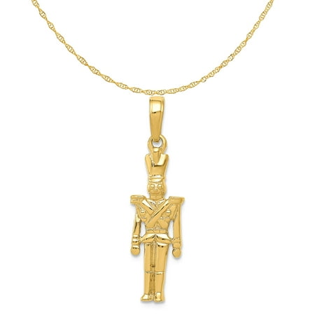 Carat in Karats 14K Yellow Gold Polished 3-D Toy Soldier Pendant Charm (28mm x 7mm) With 10K Yellow Gold Lightweight Rope Chain Necklace 16''