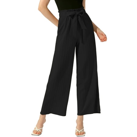 DARING DIVA Women s Elastic Waist Pleated Wide Leg Pants with Pockets L Black
