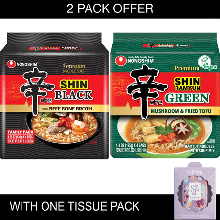 Nongshim Spicy Pot-au-feu Flavor Shin Black Noodle Soup, 4.58 oz, (Pack of 4) | Nongshim Shin Ramyun Green Ramen Noodle Soup Pack, 4.4oz x 4 Count, Shelf-Stable