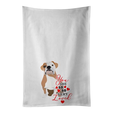 

English Bulldog Fawn and White so Loved White Kitchen Towel Set of 2 19 in x 28 in