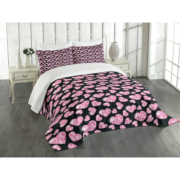Ambesonne Diamonds Quilted Bedspread Set 3 Pcs, Romatic Heart Shapes, King Size, Pale Pink Black