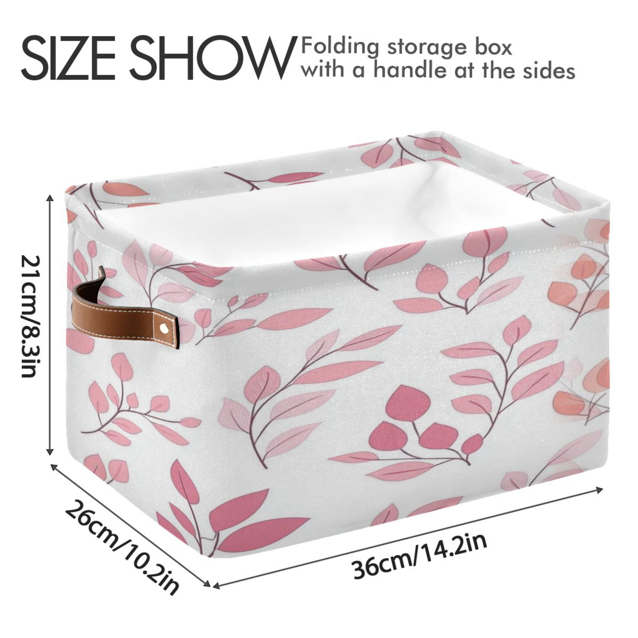 Pink and Coral Leaves Foldable Storage Basket,Canvas Fabric Foldable Storage Bins with Handles Open Home Storage Bins Boxes for Toy Book Shelf Closet Baskets