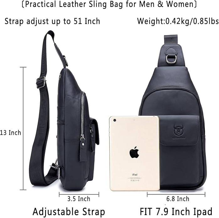 BULLCAPTAIN Genuine Leather Sling Bag for Men, Crossbody Chest Backpack with Adjustable Strap, Zipper Closure. , Black
