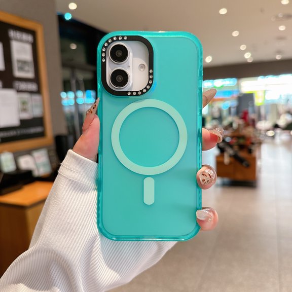 Magnetic Case for iPhone 16, Compatible with MagSafe Charging Soft TPU Bumper Slim Shockproof Protective Cute PC Back Cover for iPhone 16, Diamond Metal Camera Frame, Mintgreen