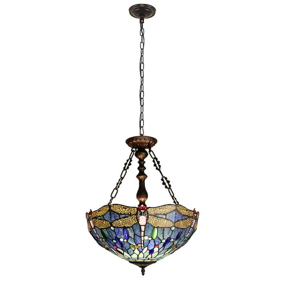 CHLOE Lighting Sunniva Dragonfly Tiffany-Style 3-Light Inverted Ceiling Pendant 18" Shade