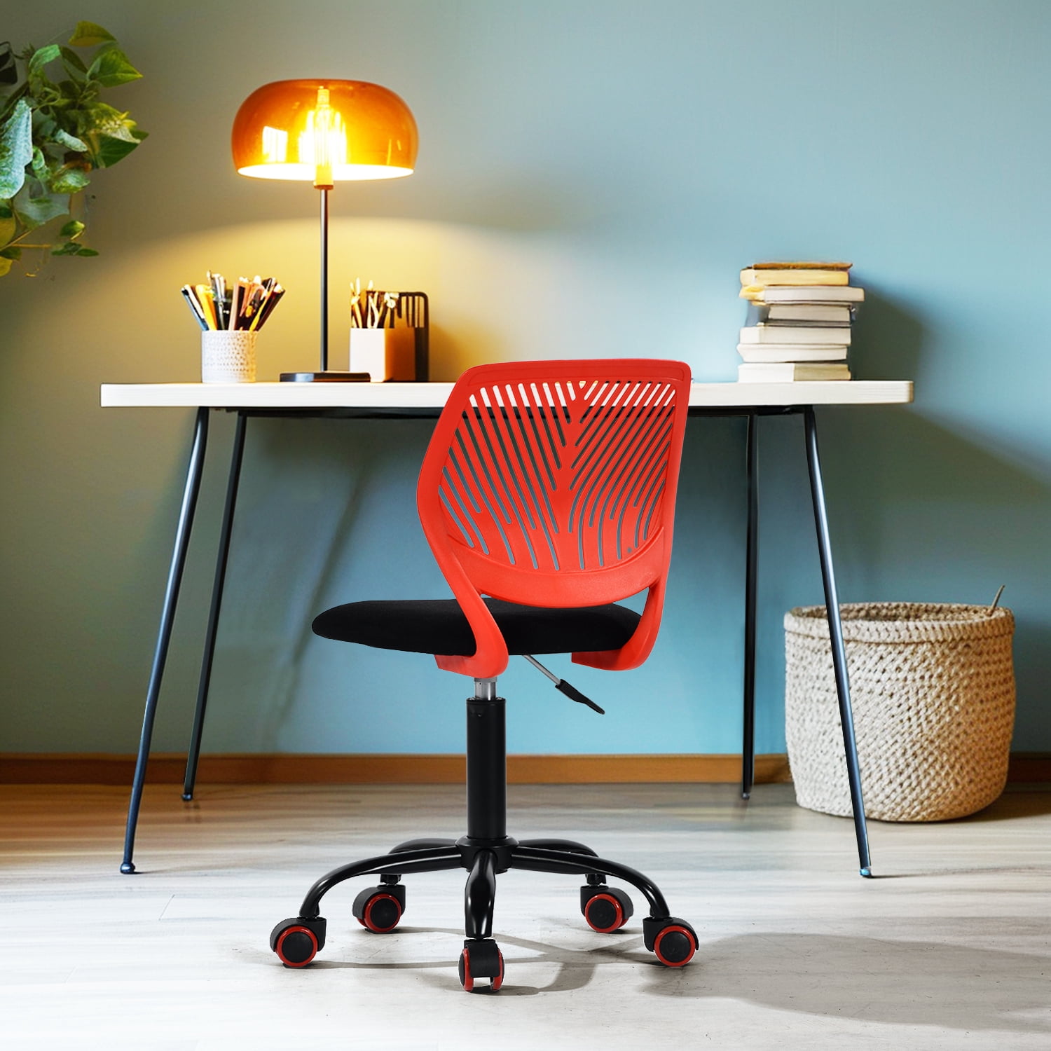 Homy Casa Adjustable Teen Desk Chair with Wheels, Swivel Task Chair with Mesh Back, Crimson & Black