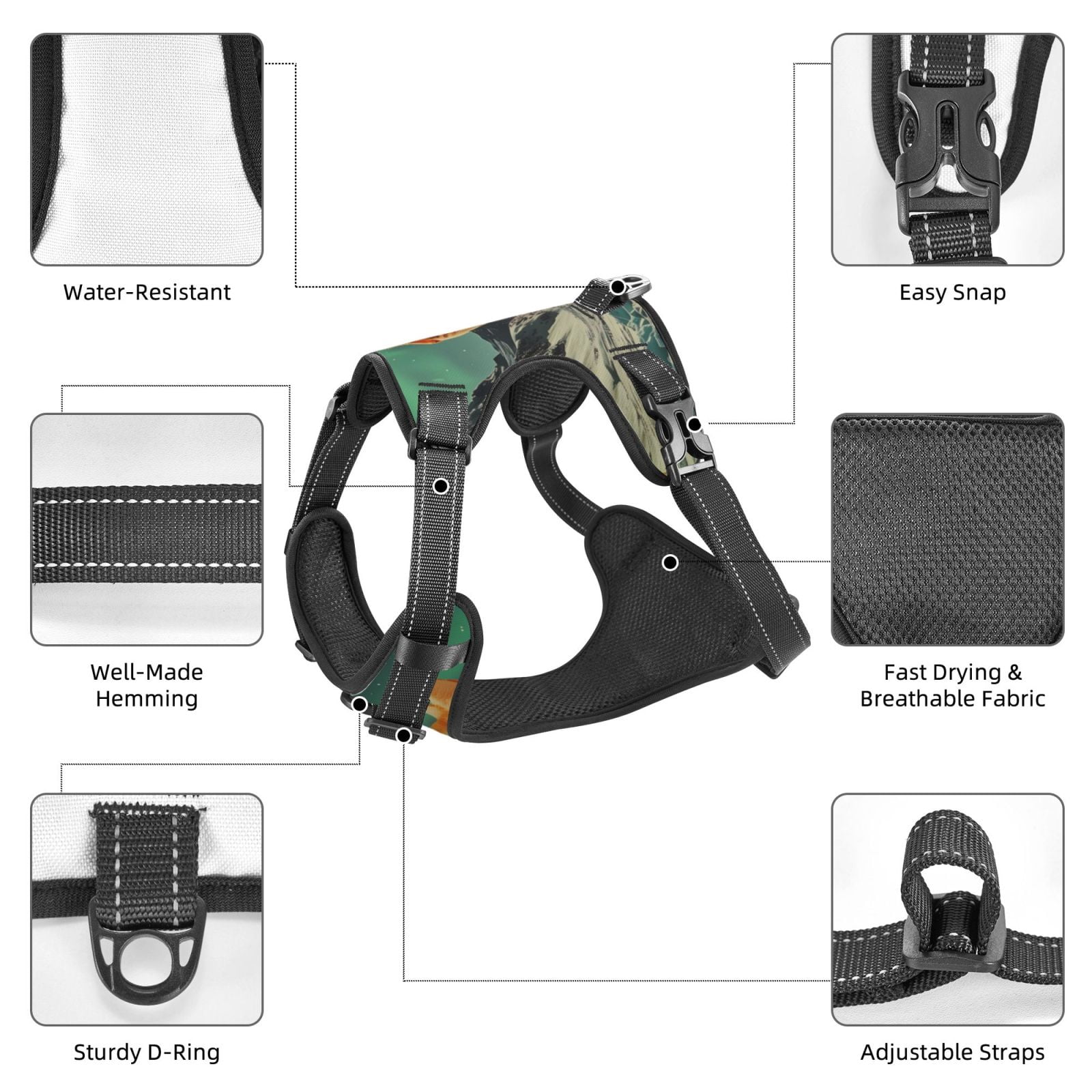 Fuzoiu Space Adventurer Cat Print Reflective Dog Harness,Adjustable, Breathable Pet Vest,Dog Harness No Pull,No Choke Pet Vest for Small, Medium, and Large Dogs-Medium