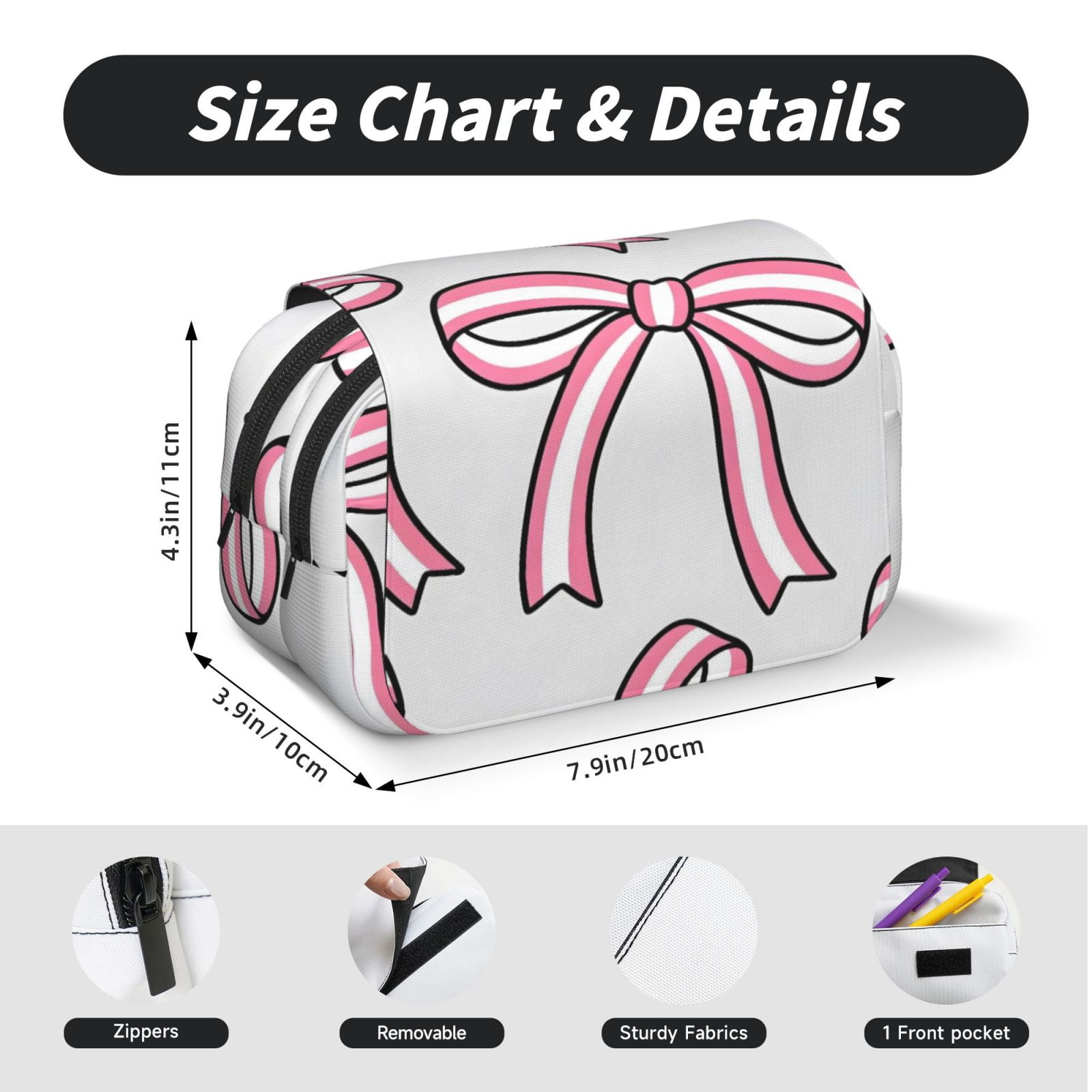 Large-Capacity Flip-Top Double-Layer Pencil Case, Multi-Functional Pocket Pen Case, Durable Stationery Organizer Pink And White Bows