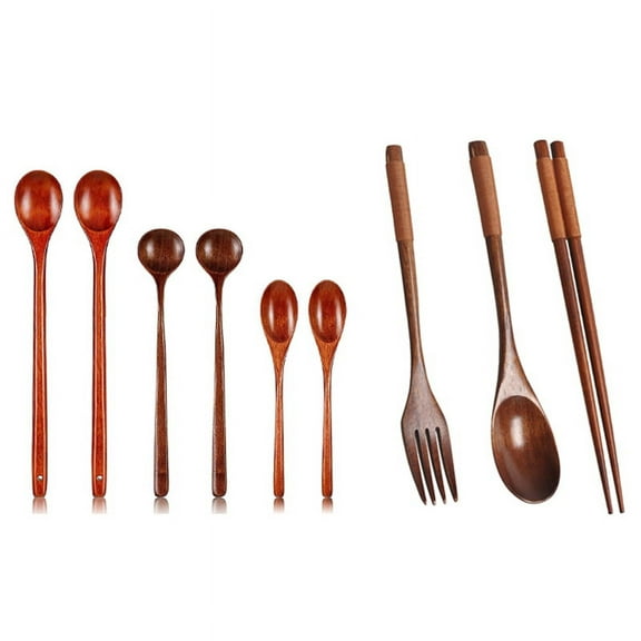 1set Wooden Flatware Set, Wooden Portable Set Spoon Fork Chopsticks & 6 Pieces Wooden Spoons Long Handle Soup Spoons