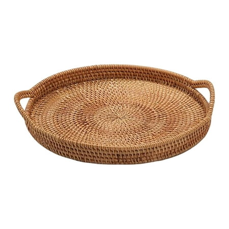 

Rattan Round Serving Tray Food Serving Baskets with Handles for Bread Drinks 28cm