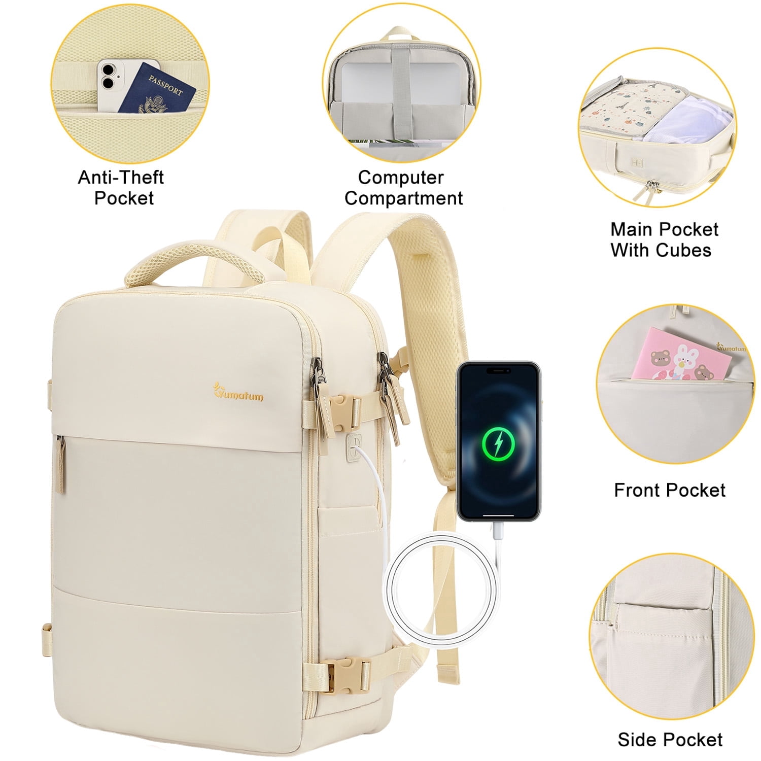 Travel Backpack for Men & Women, College Bookbag with Packing Cube Shoe Pocket, Flight Approved Carry on Backpack Fits 16" Laptop, Beige
