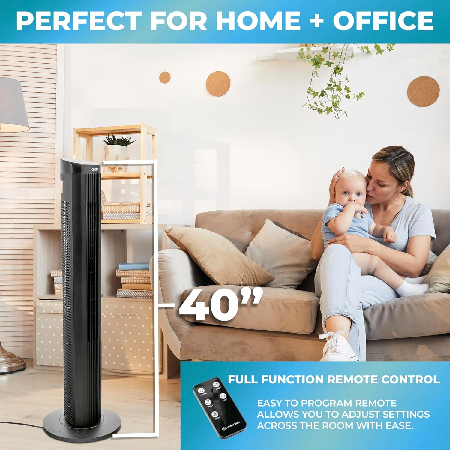 Comfort Zone 40" Tower Fan with Remote Control, 15H Timer, Black