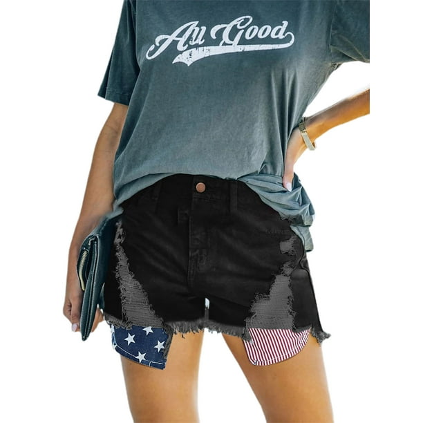 Txlixc Jeans cortos para mujeres, patrones estelares de rayas de agujeros rotos Txlixc moda