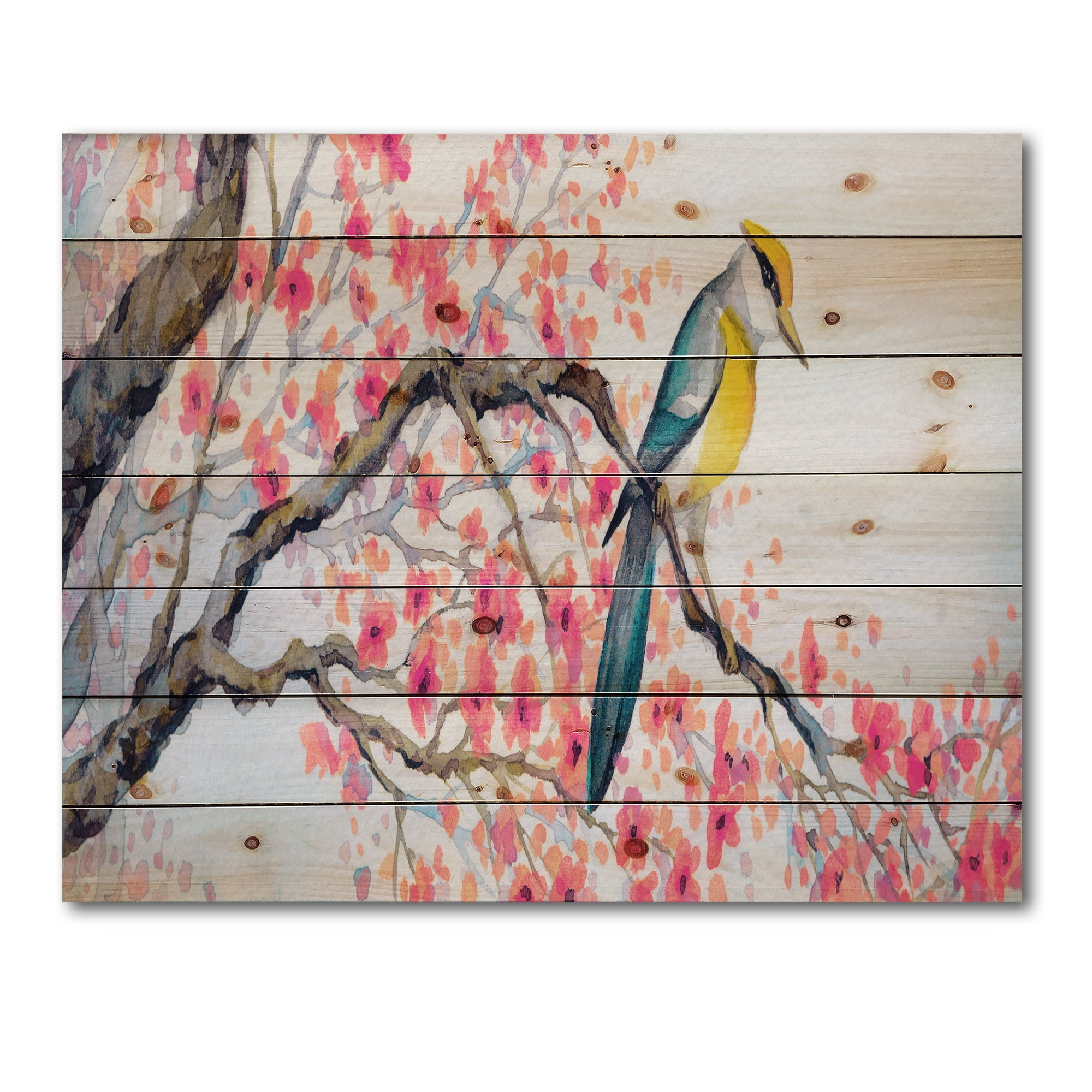 Designart 'Beautiful Pink Bird Sitting On Flowering Branch I' Traditional Print on Natural Pine Wood