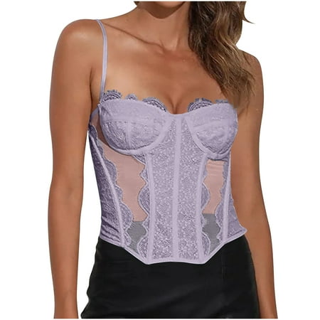 Oplxuo Sexy Lace Corset Tops for Women Sheer Mesh Spaghetti Strap Sleeveless Shapewear Vest Going Out Party Club Shirts