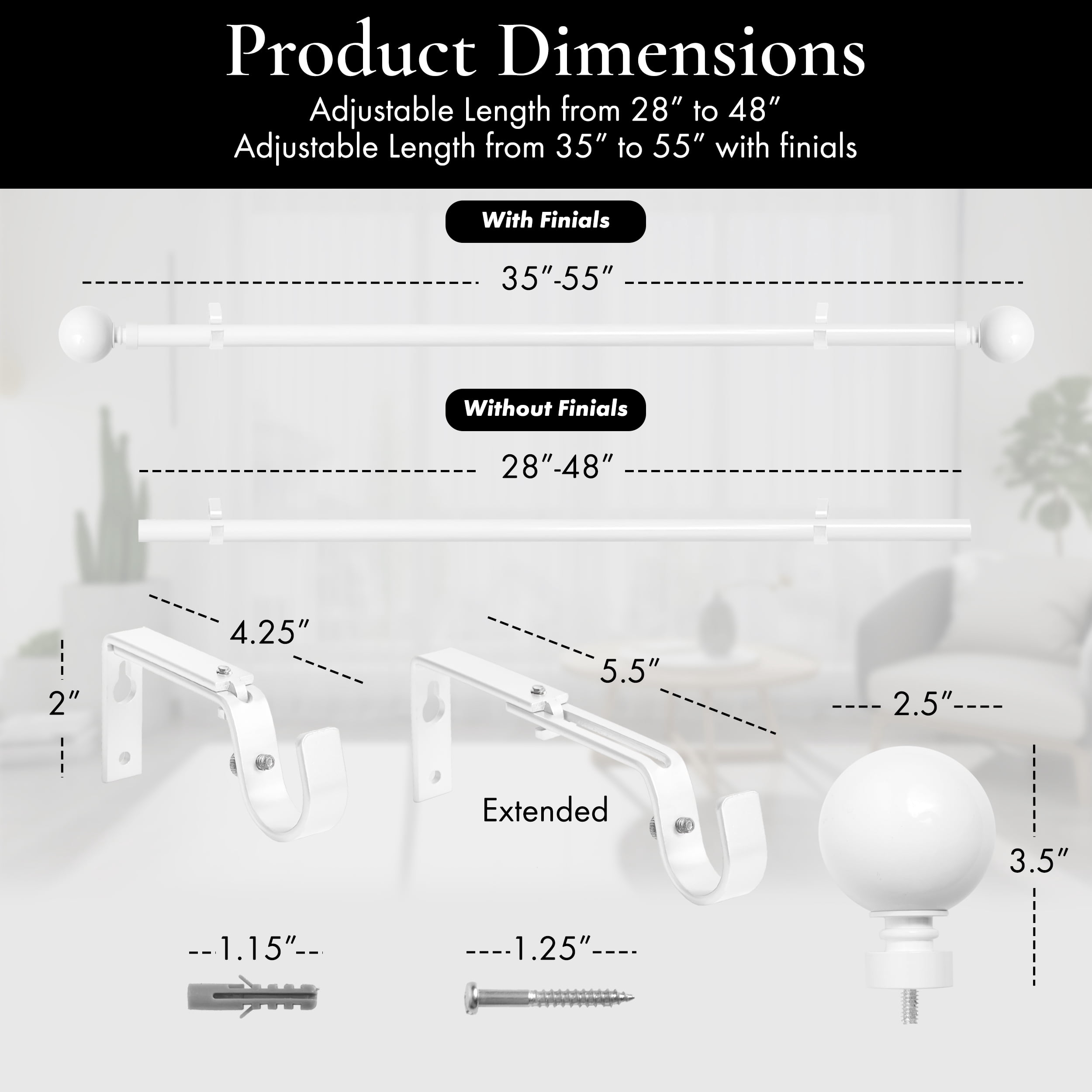 MERIVILLE 1" Single Curtain Rod Set, Adjustable 28-48 Inches, Ball Finials, Glossy White