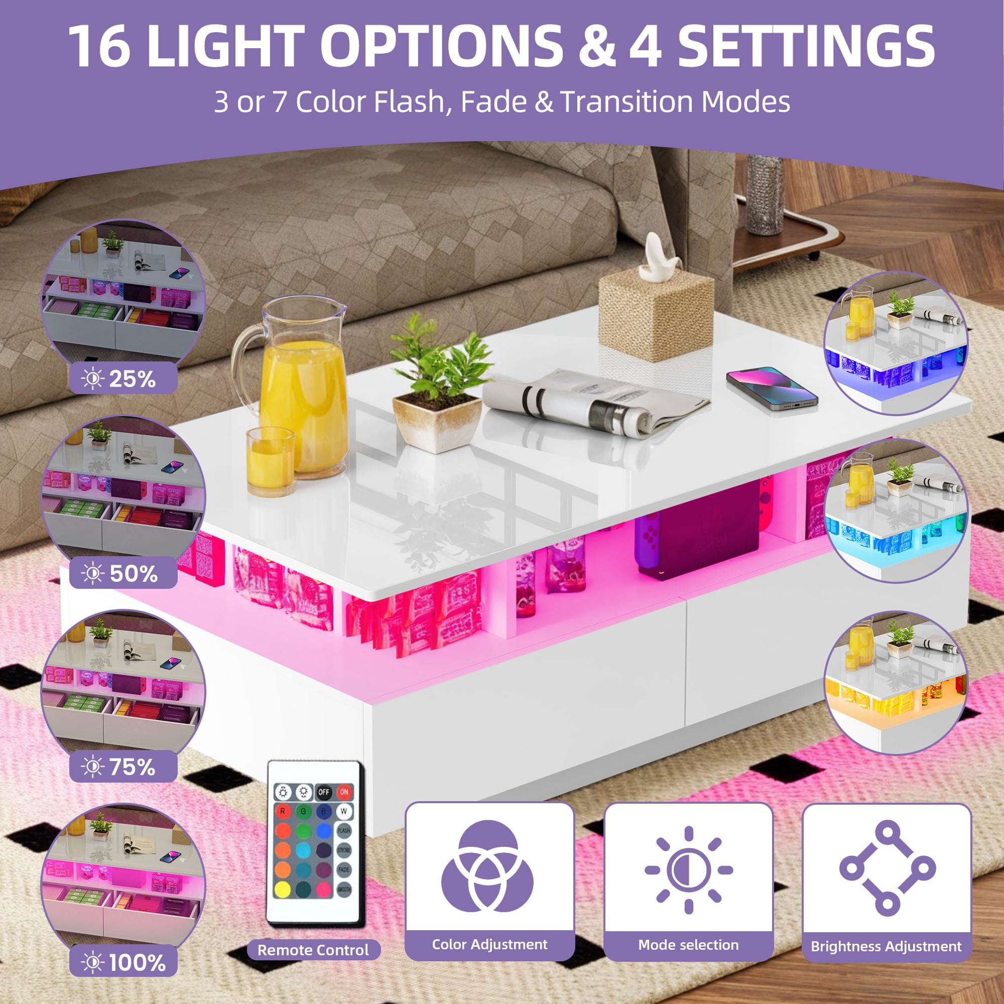 Uforic Modern LED Coffee Table, Center Tables with Storage for Living Room, White