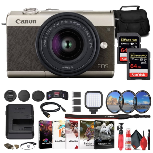 Canon EOS M200 Mirrorless Camera with 15-45mm Lens (Limited Gold Edition) (3699C009) + 2 x 64GB Memory Card + Filter Kit + Charger + 2 x LPE12 Battery + Card Reader + LED Light + More Canon 3699C009_EDI_3