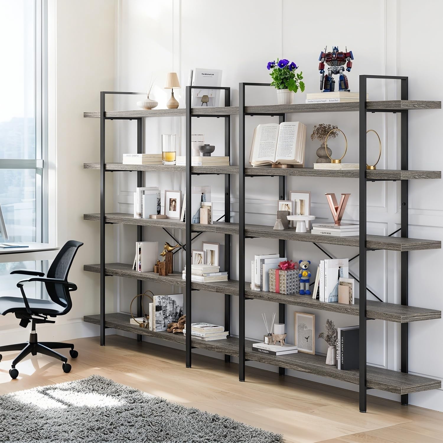 5-Tier Industrial Bookcase, 47 Inch Wide Wood Bookshelf, 120lbs Shelf Capacity, Rustic Open Shelving Heavy Duty Display with Reinforced Horizontal Grey Shelves for Living Room Bedroom Office