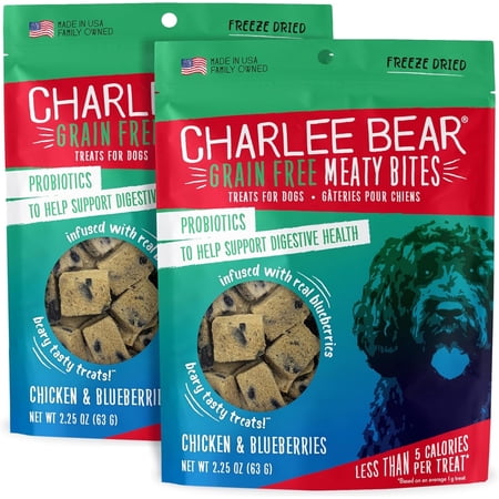 Charlee Bear Grain Free Meaty Bites Freeze Dried Dog Treats with Probiotics, Puppy Training Snacks, Soft Dog Bites Chicken with Blueberries, 2.5 oz Bags (2), Made USA