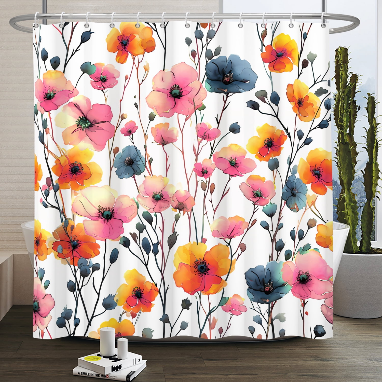 MIZHONA Pink Floral Shower Curtain Spring Watercolor Wildflowers Waterproof Bathroom Decorative 72"X72"
