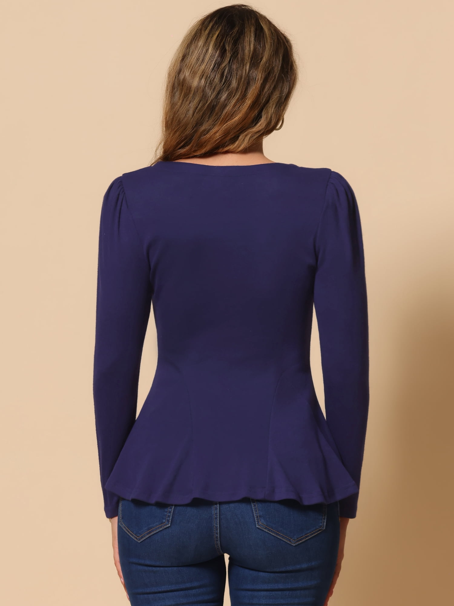 DARING DIVA Long Sleeve Scoop Neck Peplum Top XL Dark Blue