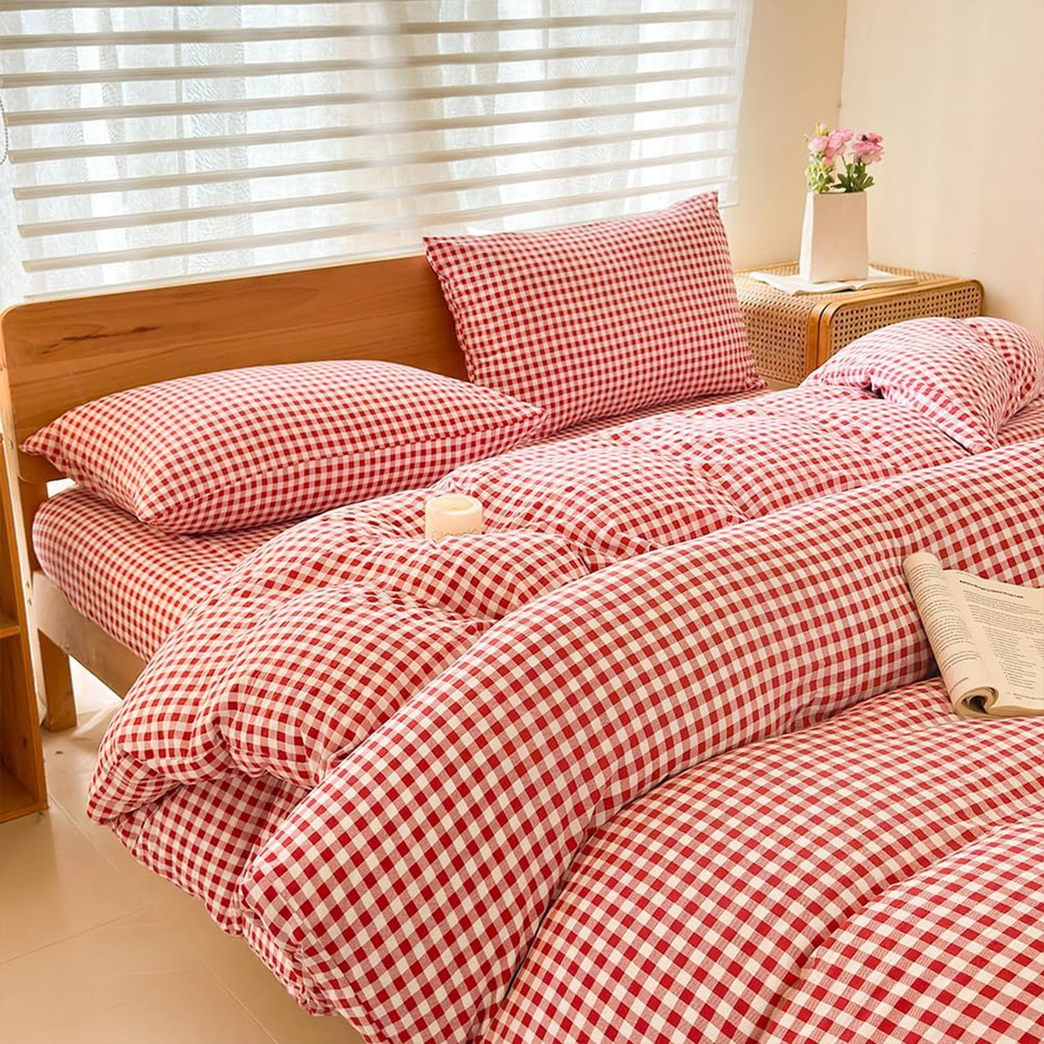 Red Gingham Twin Duvet Cover Set, Red Plaid Comforter Cover Set, 2 Pieces Checked Bedding Set (Red Gingham, Twin)