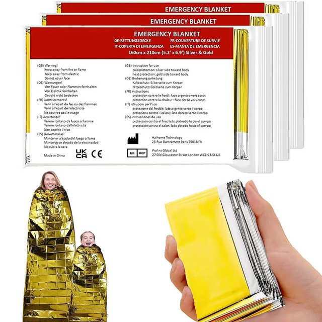 3 Manta de rescate dorada dorada y plateada, manta de emergencia reutilizable resistente al desgarro, impermeable, primeros auxilios para supervivencia y senderismo al aire libre - 210 × 160 cm