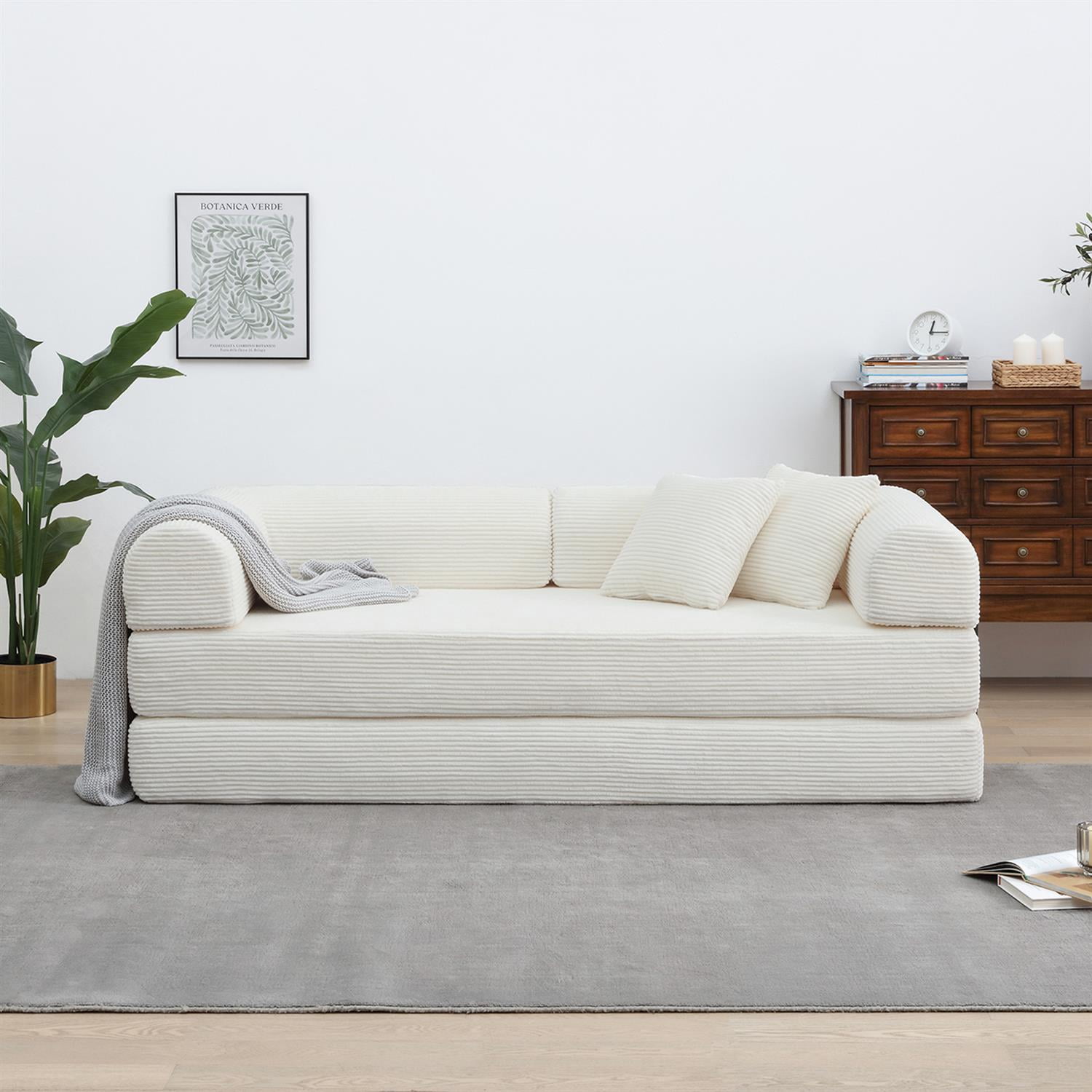 Demi Bonn 77" Convertible Sleeper Sofa Bed, Corduroy Foldable Mattress Couch with Cylindrical Pillow & Fixed Frame for Living Room, Bedroom, White