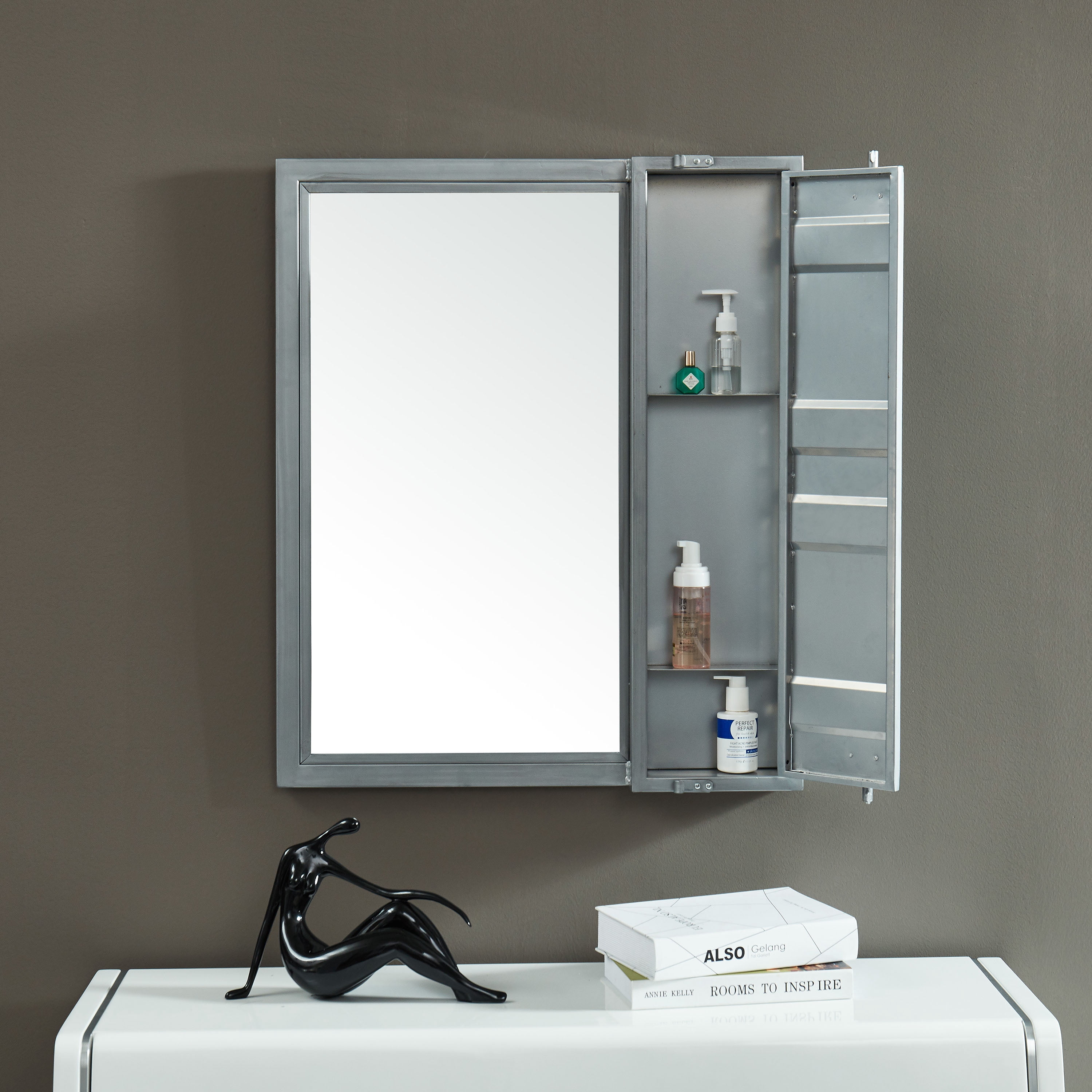Furniture of America Asher Metal Wall Mirror with Storage, Silver