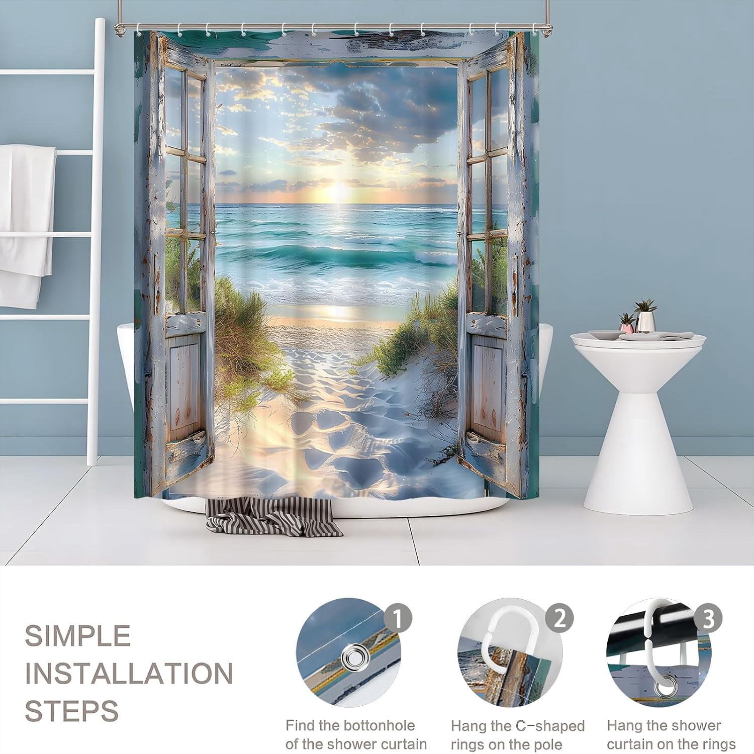 Beach Barn Door Shower Curtain Blue Ocean Sea Wave Retro Farmhouse Wood Rustic Beachy Nautical Coastal Seaside Sea Hawaiian Sunset Landscape Fabric Bathroom Decor Curtain Sets with Hooks 72" WX72" H