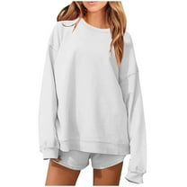 Enjoytime 2 Piece Lounge Set Women Solid Color Crewneck Long Sleeve Sweatshirt Shorts Outfits Casual Loose Travel Matching Sets White M