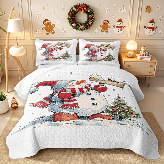 Erosebridal Cartoon Snowman Twin Quilt Set 2 Pieces,Merry Christmas Twin Coverlet Set,White Red,1 Bedspread and 1 Pillowcase